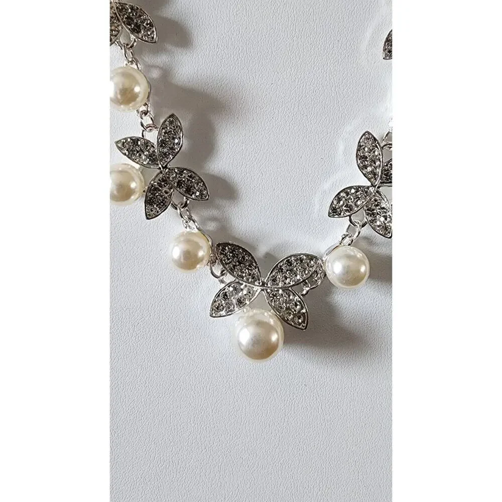 Faux Pearl and Rhinestone Butterfly Necklace & Earrings Set Wedding Prom Pretty